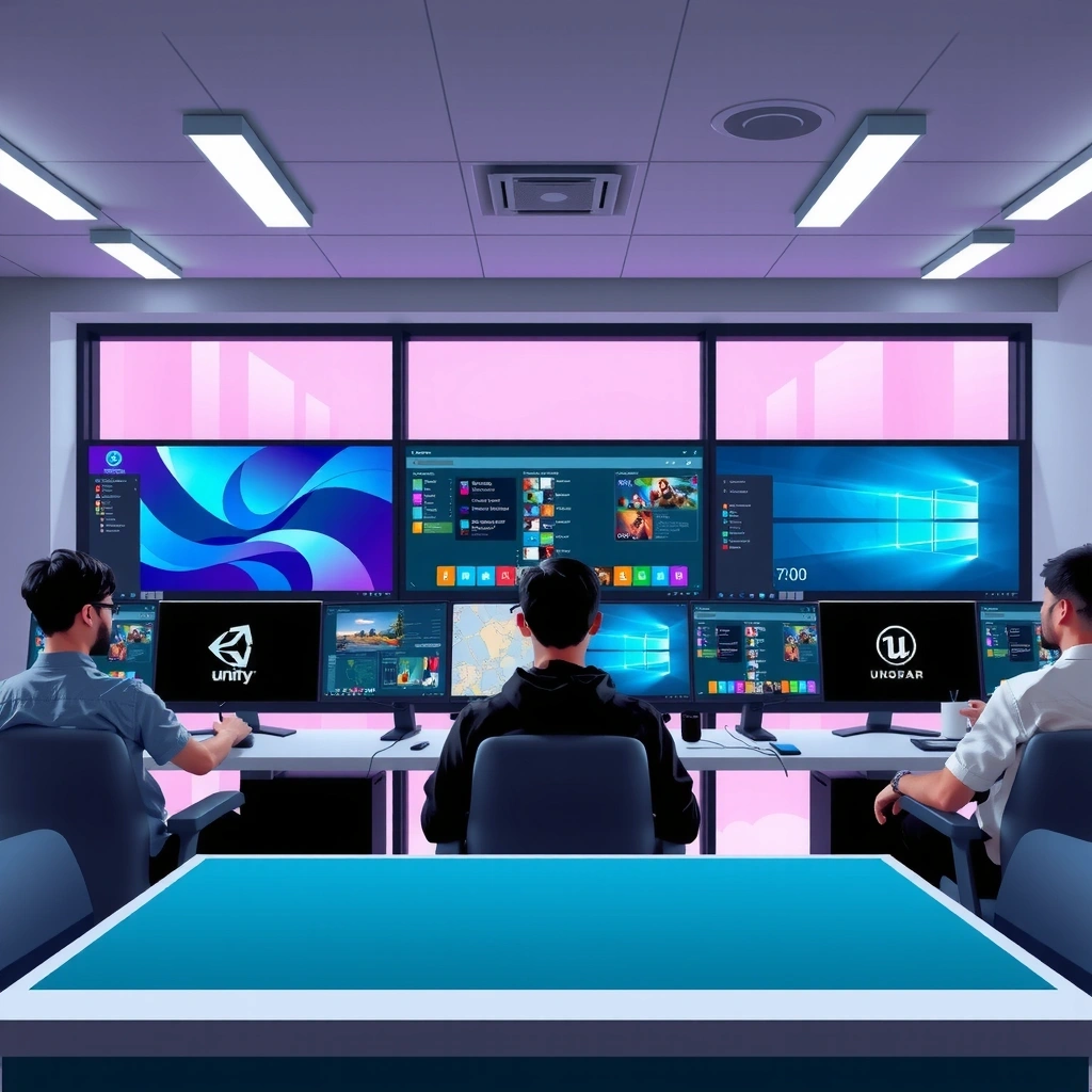Advanced gaming technology setup with multiple monitors showing game development